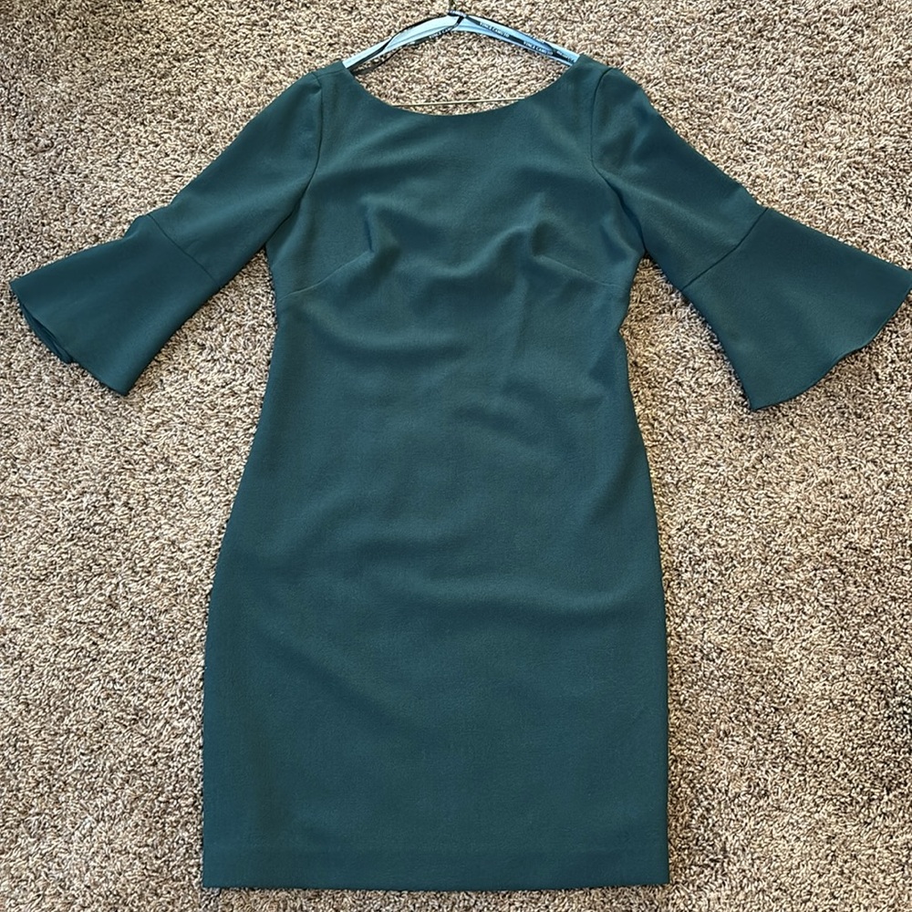 Vince Camuto Forest Green Low Back Bell Sleeve Dress Holiday Party Festive